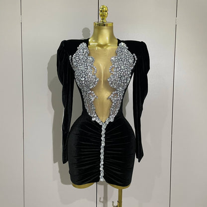 White Velvet Sexy Mesh Short Dress with Crystals