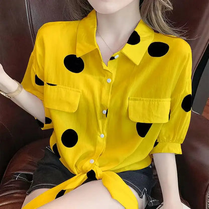 Polka Dot Chiffon Shirt for Women with Lace-Up Detail