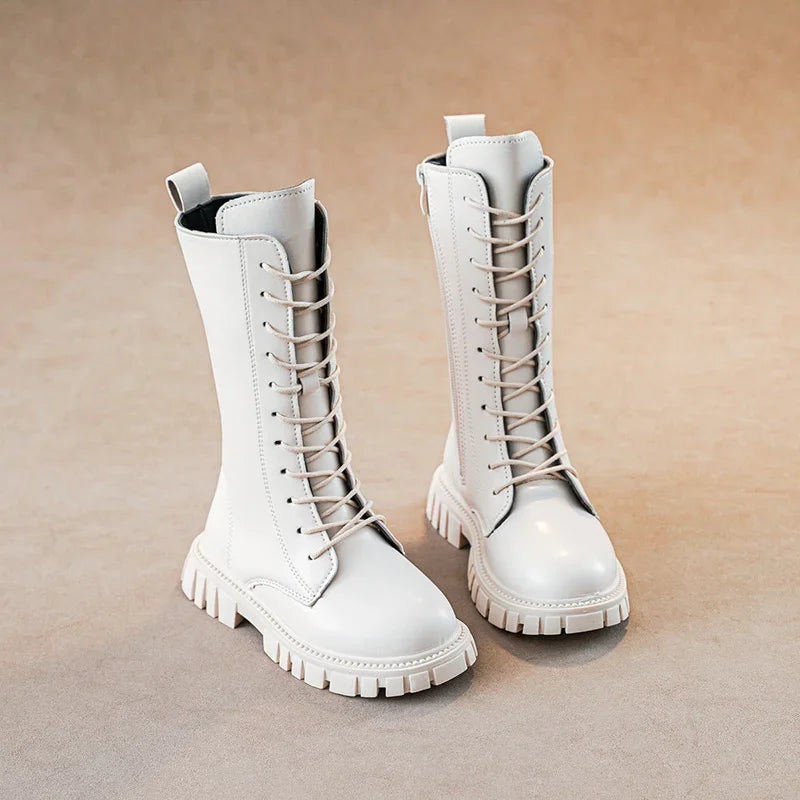 Black Mid Boots for Girls with Square Heel and Zip Closure