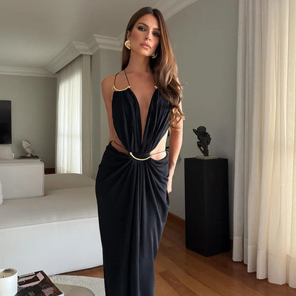 Backless Halter Dress for Women in Solid Polyester