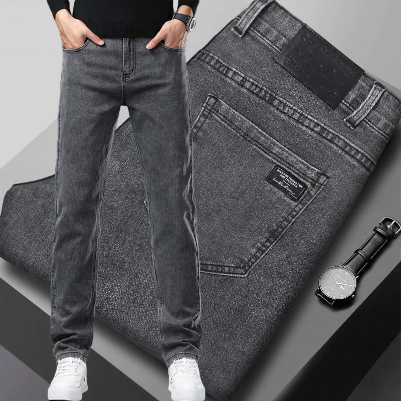 Men's Slim Denim Jeans Casual Elastic Trousers Black Gray