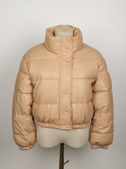 Black PU Leather Women's Winter Parka Jacket