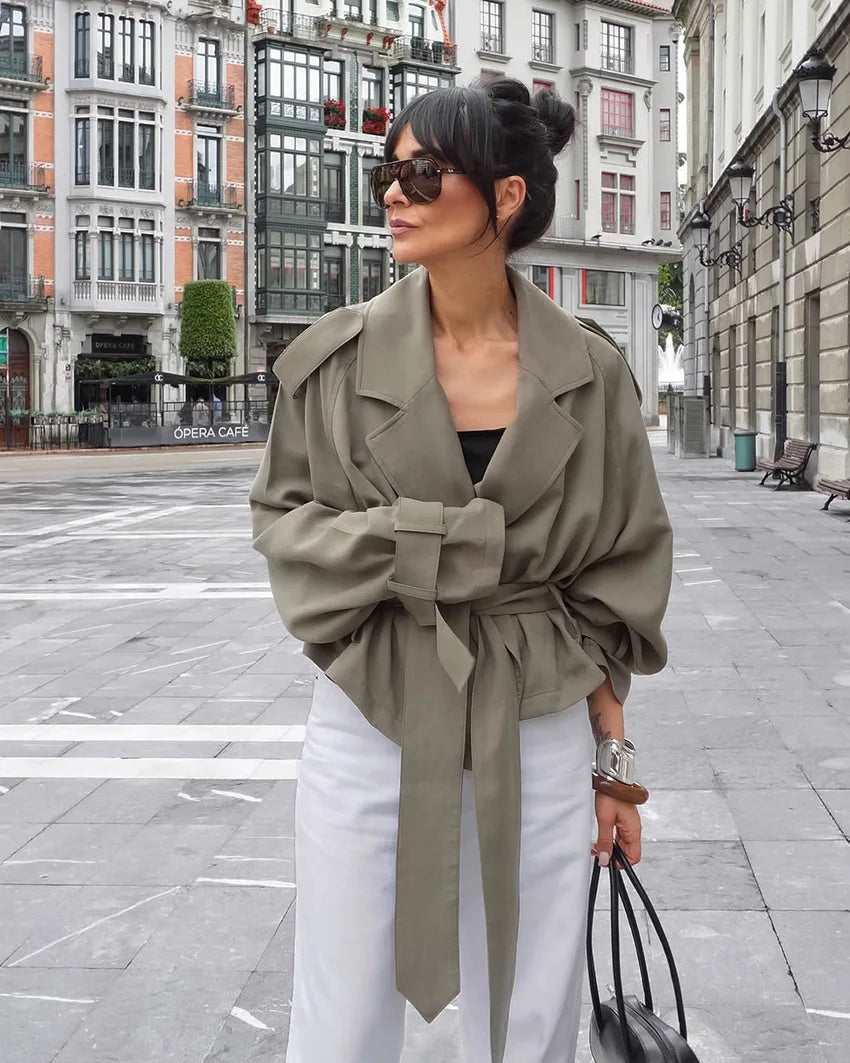 Lapel Lace Up Trench Coat Women Casual Long Sleeve