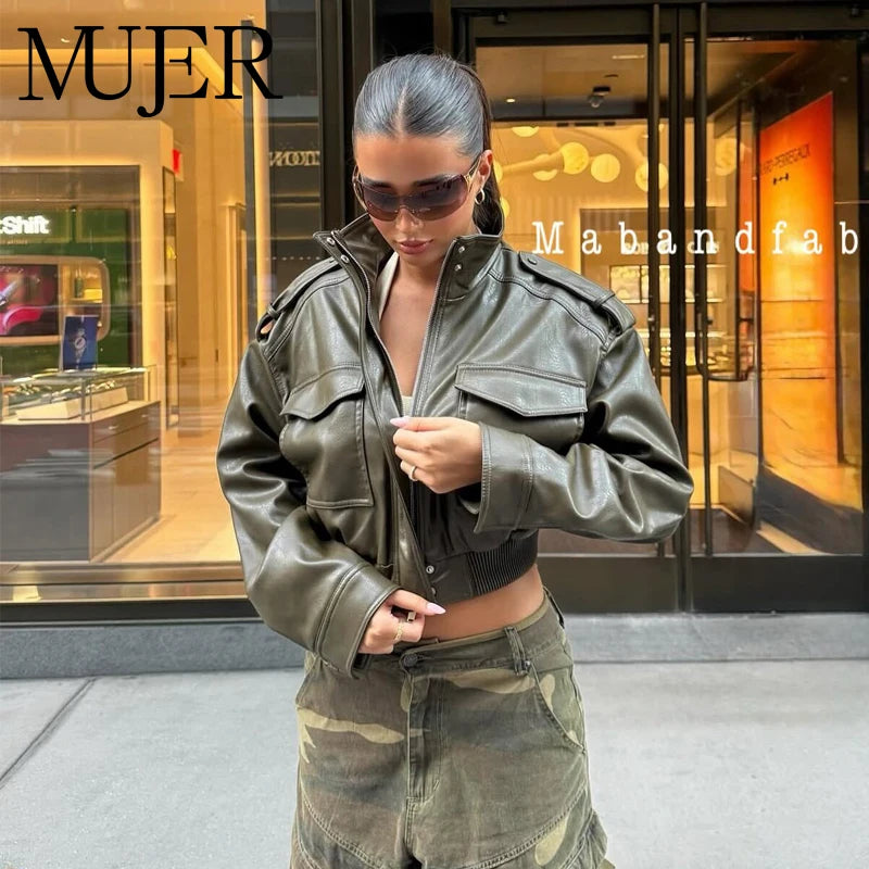 MUJER Faux Leather Cropped Bomber Jacket for Women