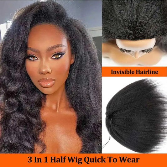 Kinky Straight Human Hair Half Wig 26 Inch Glueless