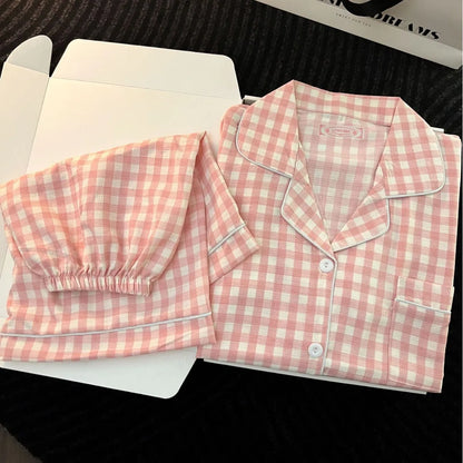 Japanese Minimalist Women's Pink Plaid Pajamas