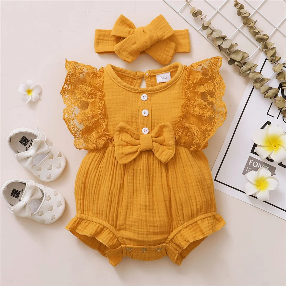 Newborn Girls Solid Color Lace Edge Romper and Headband