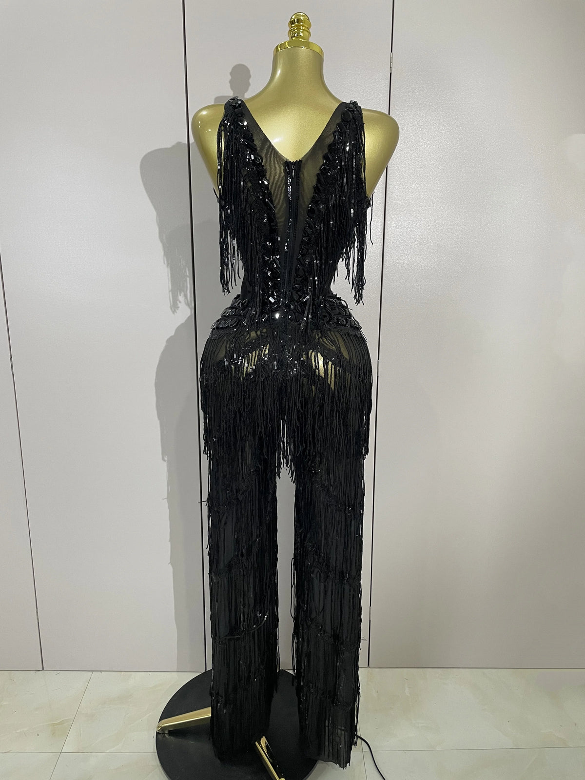Sparkly Black Rhinestone Fringe Jumpsuit for Women