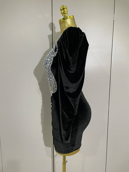 White Velvet Sexy Mesh Short Dress with Crystals