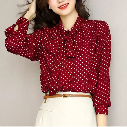 Shawl Collar Long Sleeve Blouse Women Polka Dot Cardigan