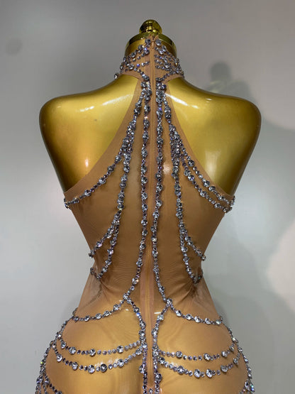 Sparkly Rhinestone Transparent Mesh Long Dress