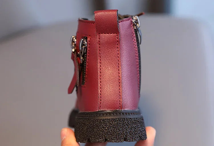 Burgundy PU Leather Ankle Boots for Kids