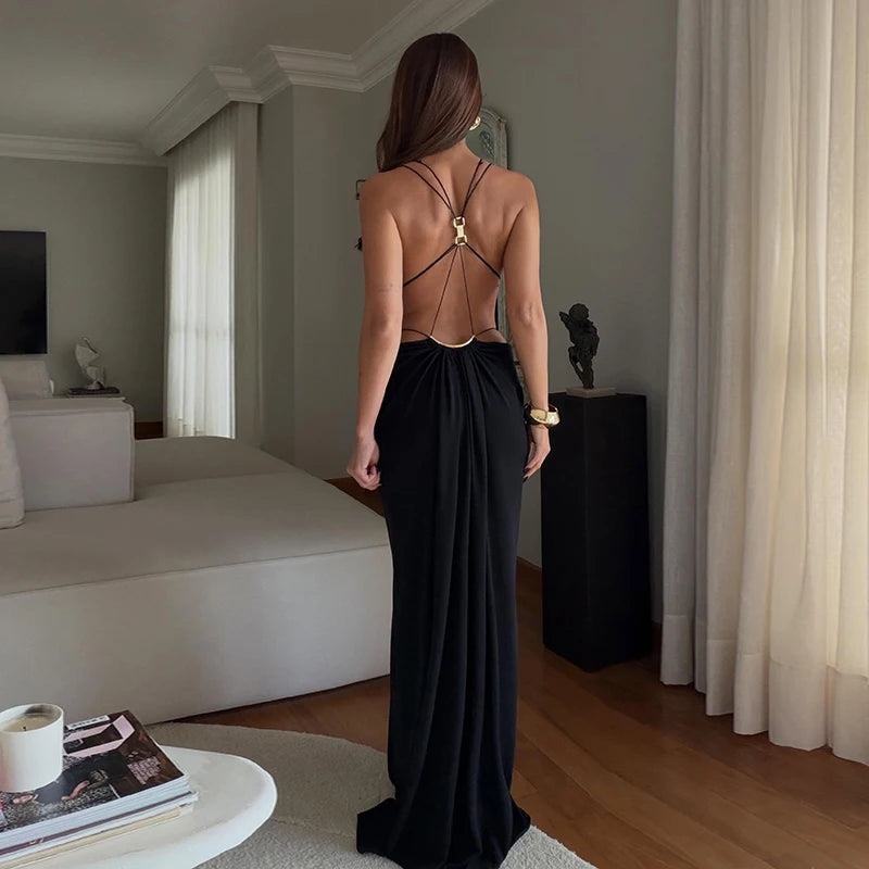 Backless Halter Dress for Women in Solid Polyester