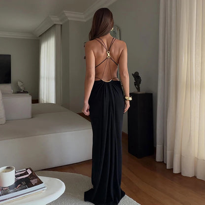 Backless Halter Dress for Women in Solid Polyester