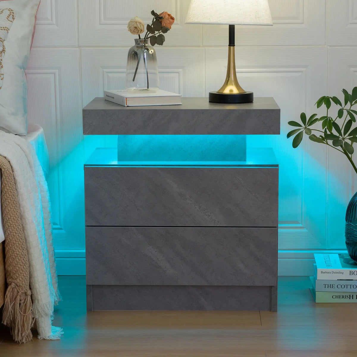 Cubehom White LED Nightstand with 2 Drawers
