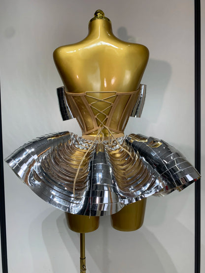 Women Silver Sequins Two Piece Stage Costume
