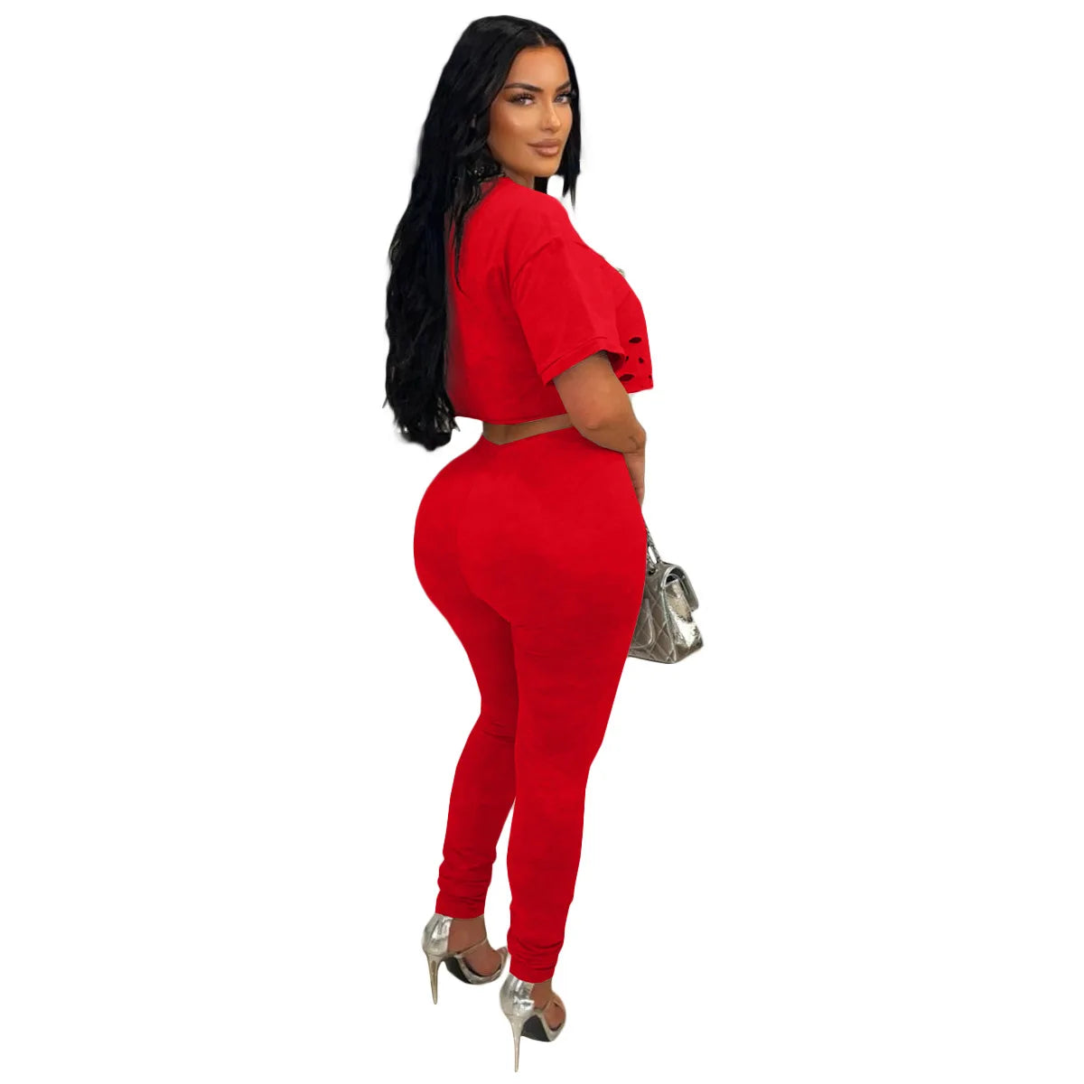 CM.YAYA Women's Hollow Out Short Sleeve Set