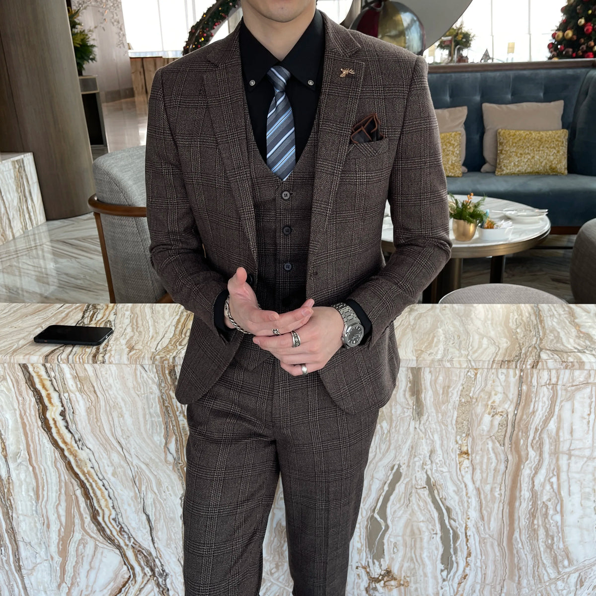 Modified Plaid Three-Piece Suit for Men