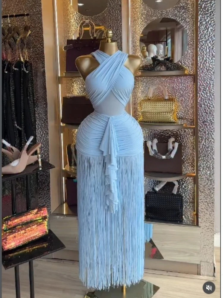Women Halter Neck Midi Bodycon Dress with Tassels