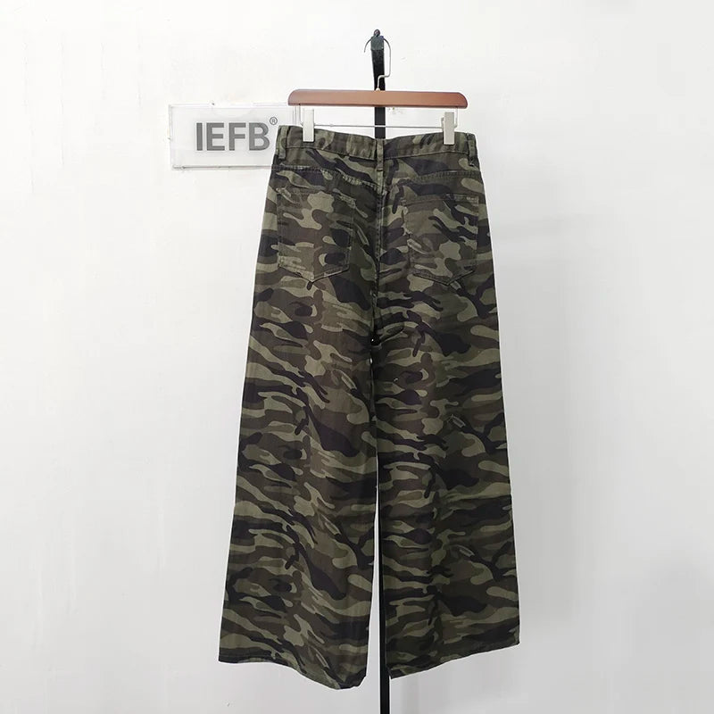 IEFB Vintage Camouflage Men's Loose Denim Jeans Old Blue