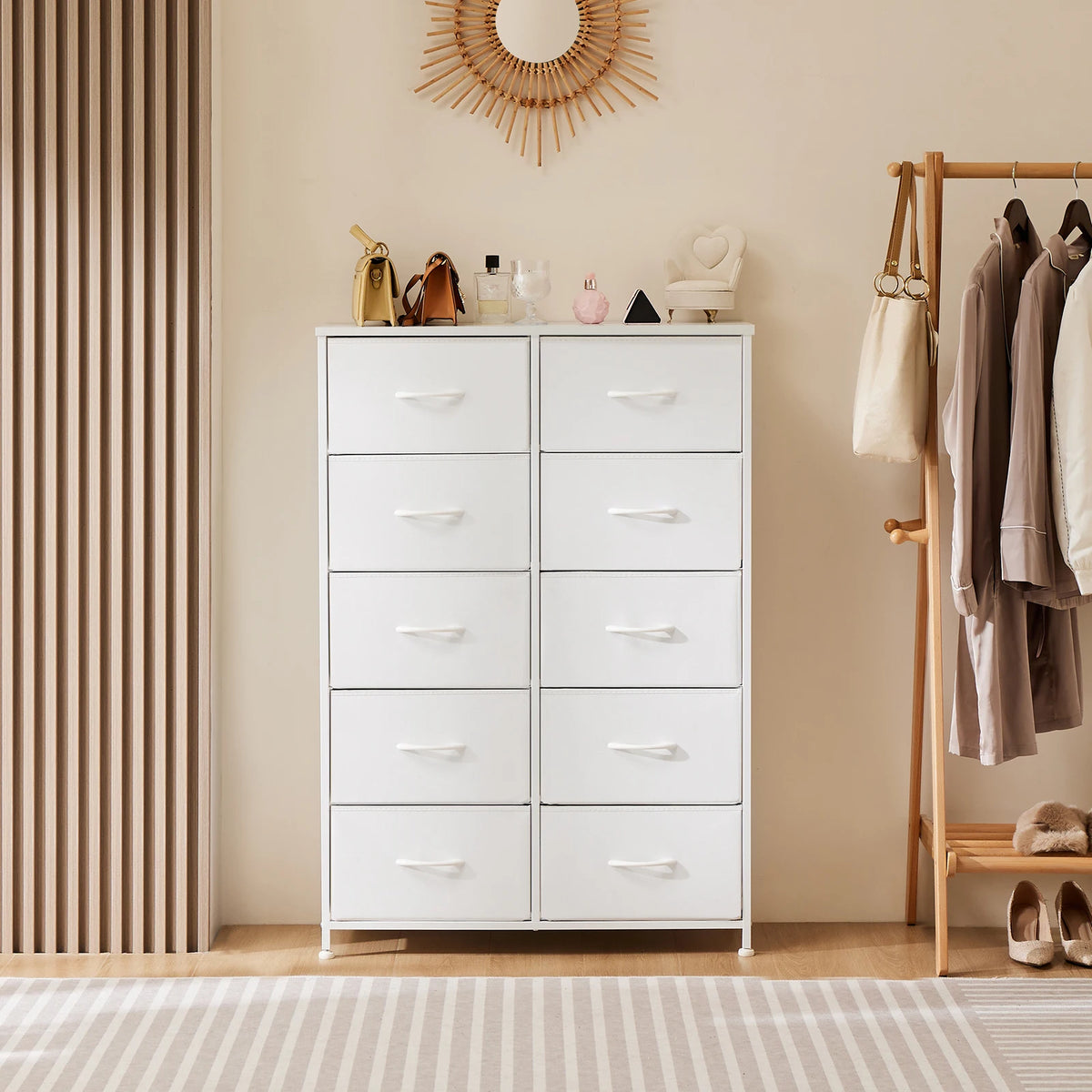 JHK Bedside Table with 10 Fabric Drawers and Steel Frame