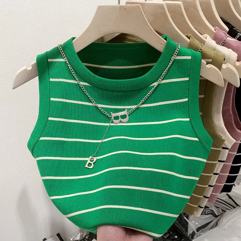 Striped Knit Sleeveless Waistcoat for Women