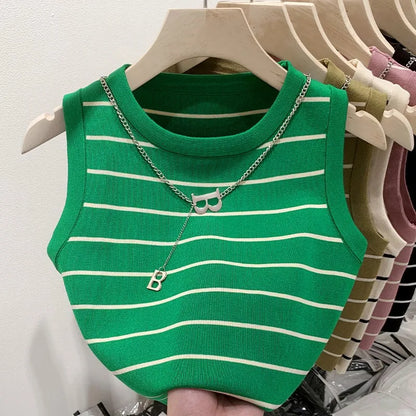 Striped Knit Sleeveless Waistcoat for Women