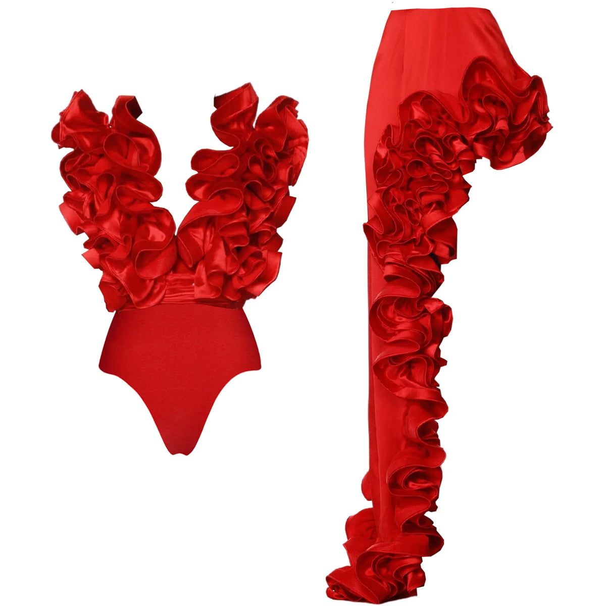 CM.YAYA Women Ruffled Asymmetrical V-Neck Bodysuit and Long Skirt Set