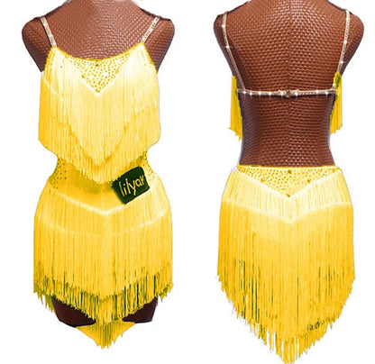 Latin Dance Dress with Rhinestones and Tassels in Red and White