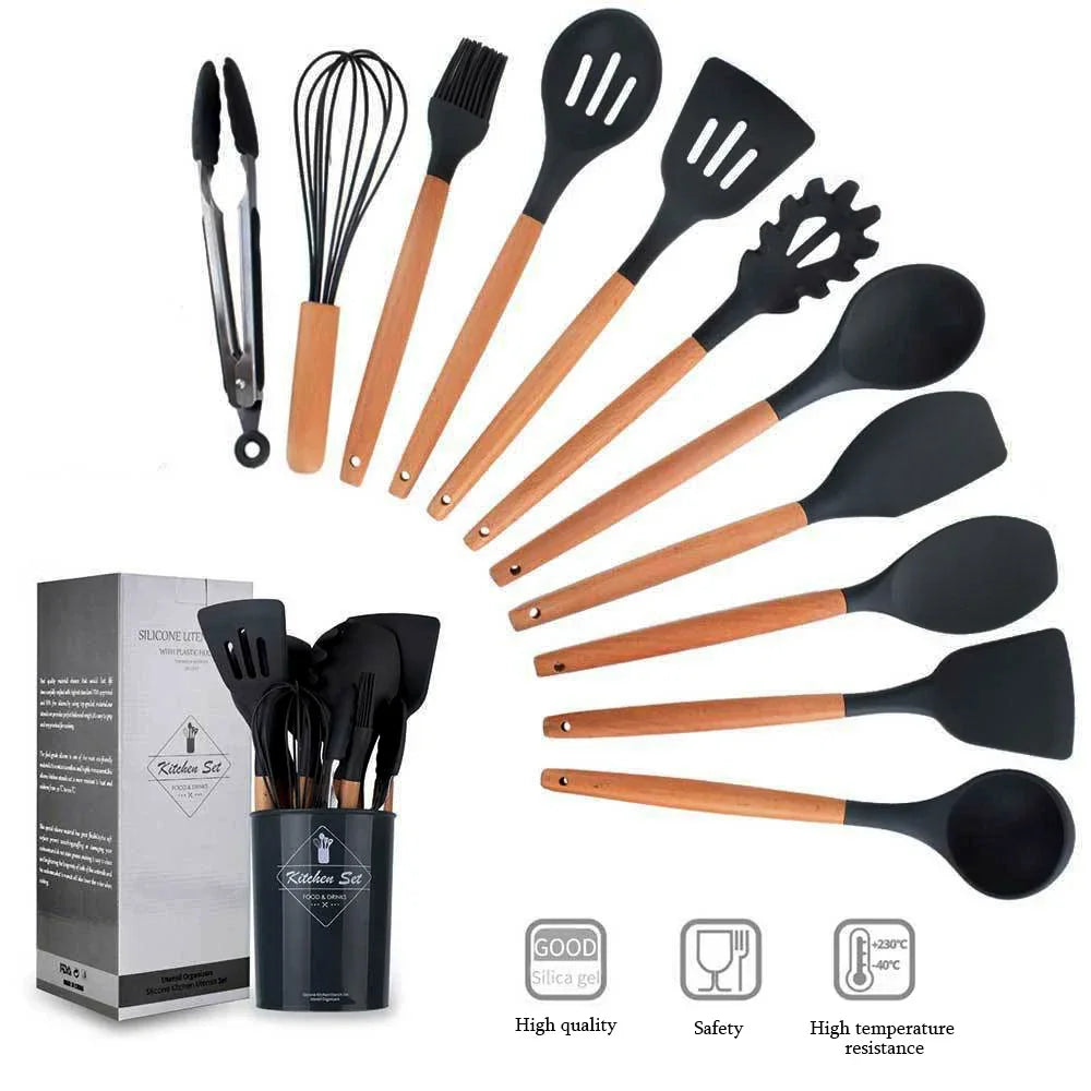 12 Piece Silicone Kitchen Utensils Set with Wooden Handle