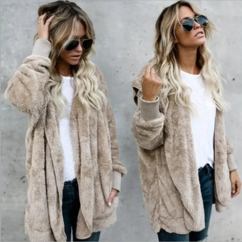Winter Fleece Cardigan Jacket Women Hooded Outerwear