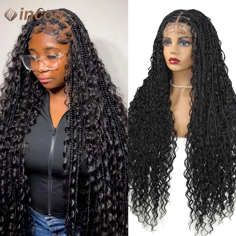 Boho Box Braided Curly Hair Full Lace Wig Burgundy