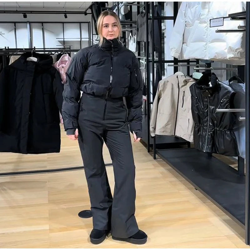 Hooded One-Piece Ski Jumpsuit for Women Windproof Outwear
