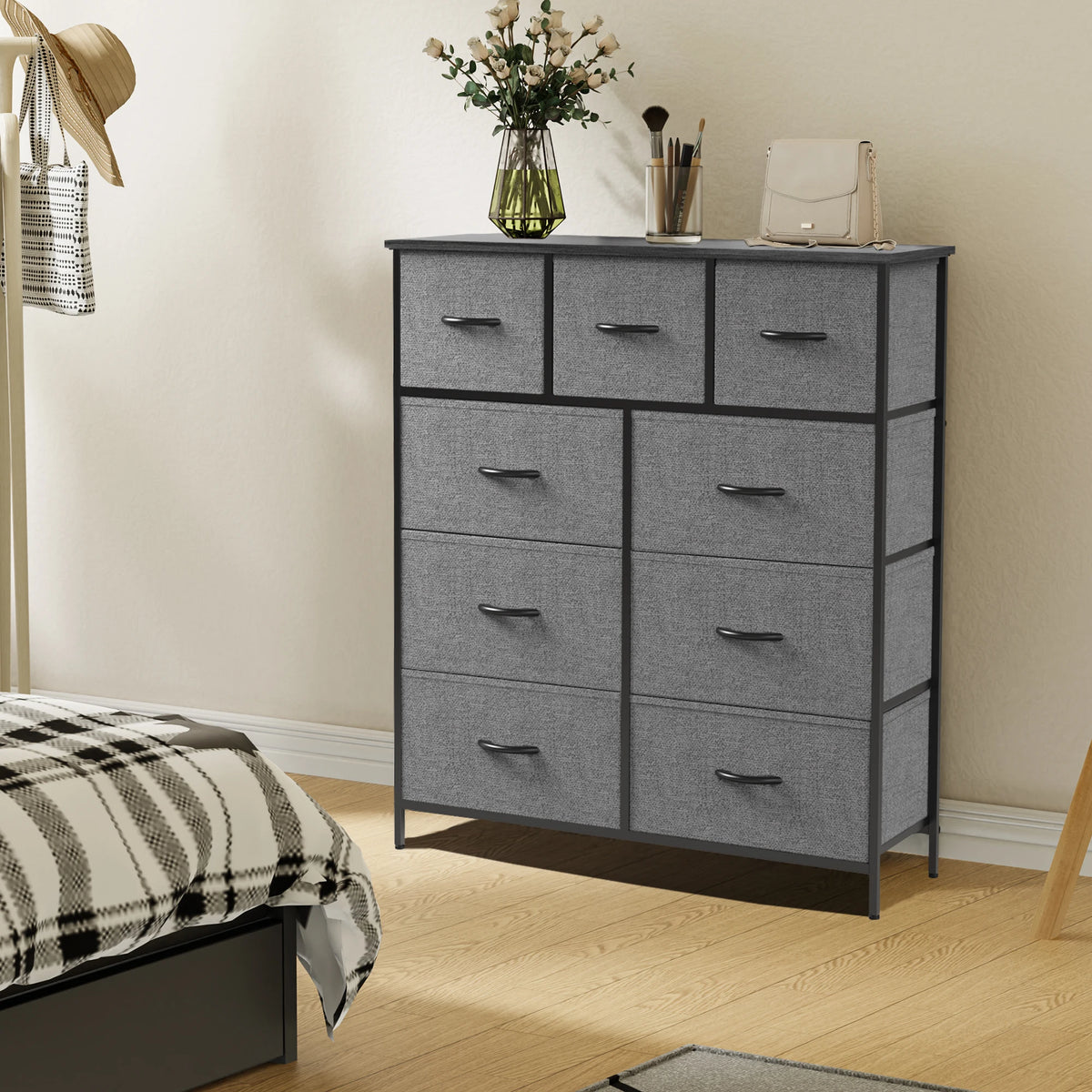 JHK Modern Fabric Dresser With 9 Storage Drawers