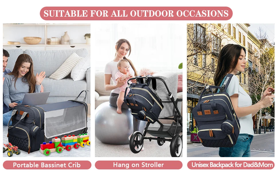 3 In 1 Waterproof Diaper Bag Backpack with USB Charge