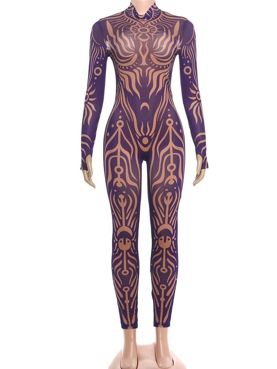 Striped Print Turtleneck Jumpsuit for Women