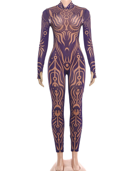 Striped Print Turtleneck Jumpsuit for Women