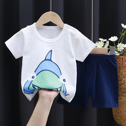 Boys Cartoon Print Cotton T-Shirt and Shorts Set