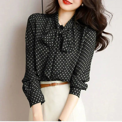 Shawl Collar Long Sleeve Blouse Women Polka Dot Cardigan