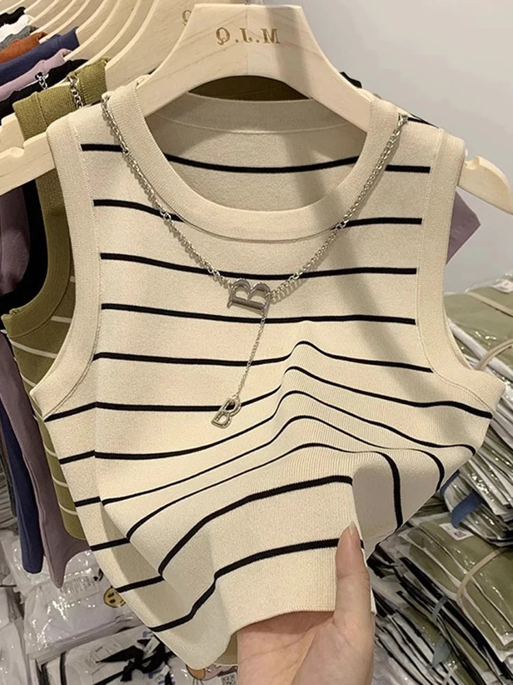 Striped Knit Sleeveless Waistcoat for Women