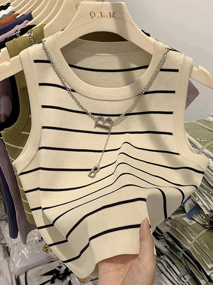 Striped Knit Sleeveless Waistcoat for Women
