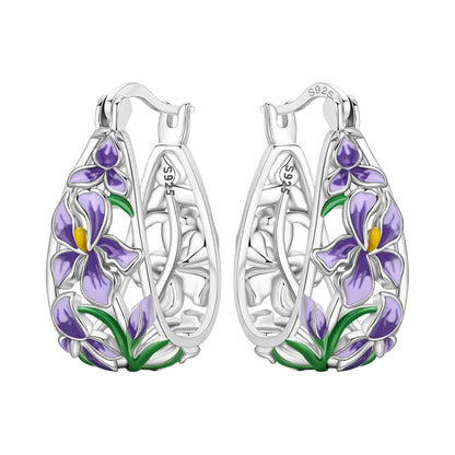 S925 Sterling Silver Iris Flower Hoop Earrings for Women
