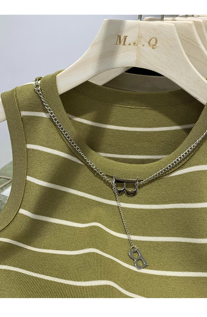 Striped Knit Sleeveless Waistcoat for Women