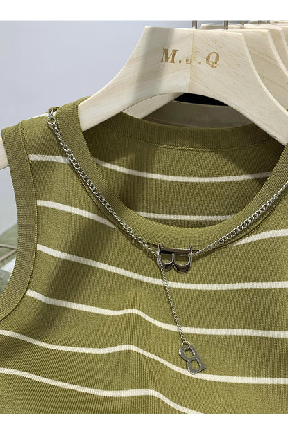 Striped Knit Sleeveless Waistcoat for Women