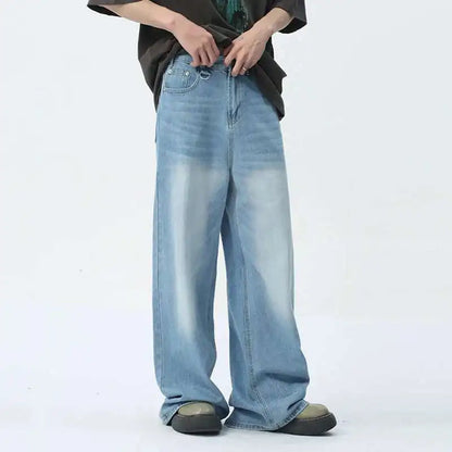 IEFB Vintage Camouflage Men's Loose Denim Jeans Old Blue