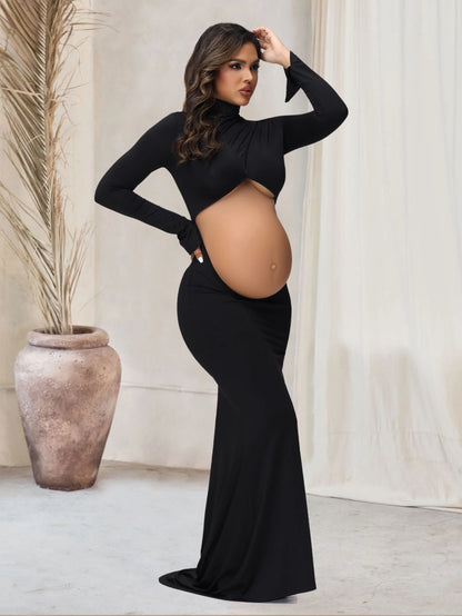 Maternity Maxi Gown Turtleneck Bodycon Dress