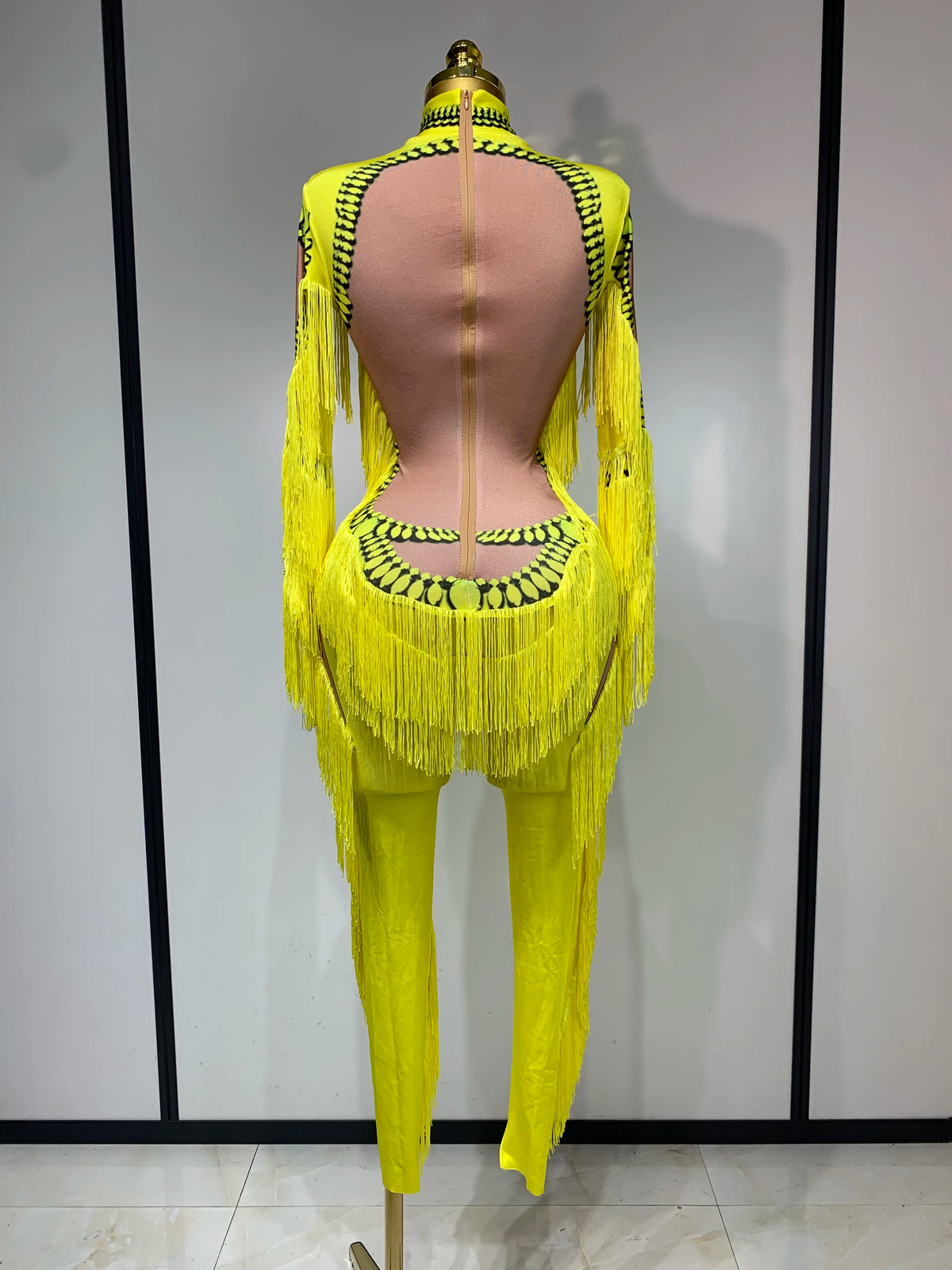 Yellow Polyester Bodycon Jumpsuit with Tassels