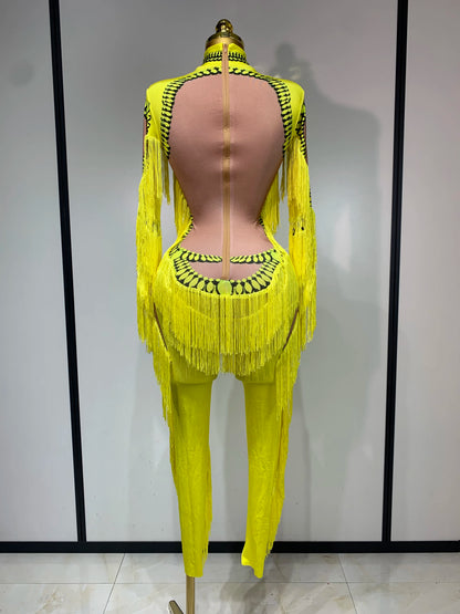 Yellow Polyester Bodycon Jumpsuit with Tassels