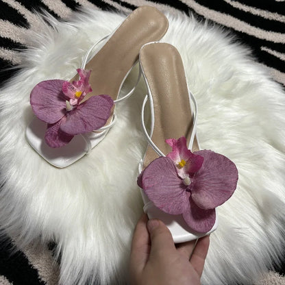 Orchid Flower High Heeled Slingback Shoes for Women