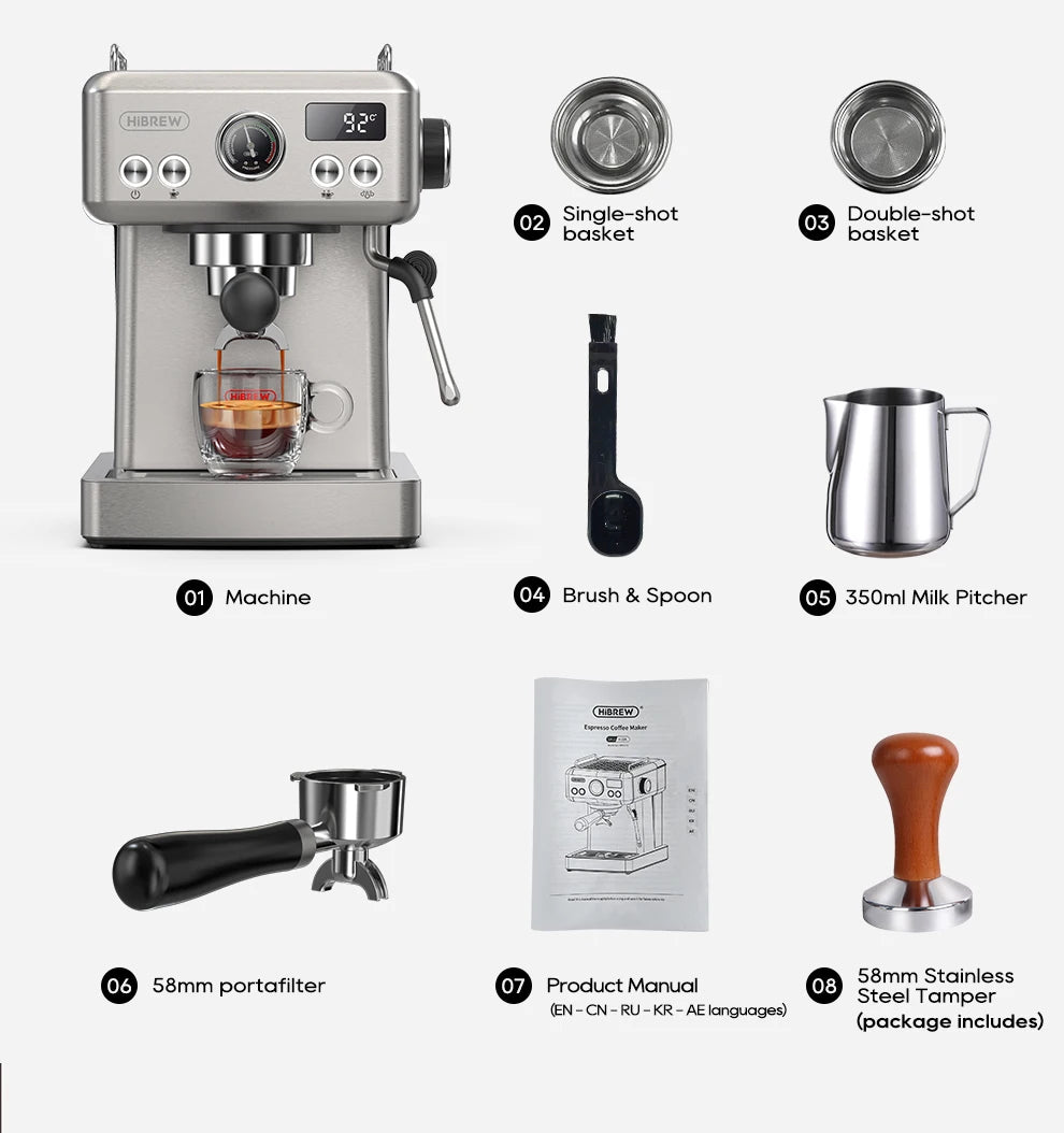 HiBREW 20Bar Semi Automatic Espresso Machine Stainless Steel